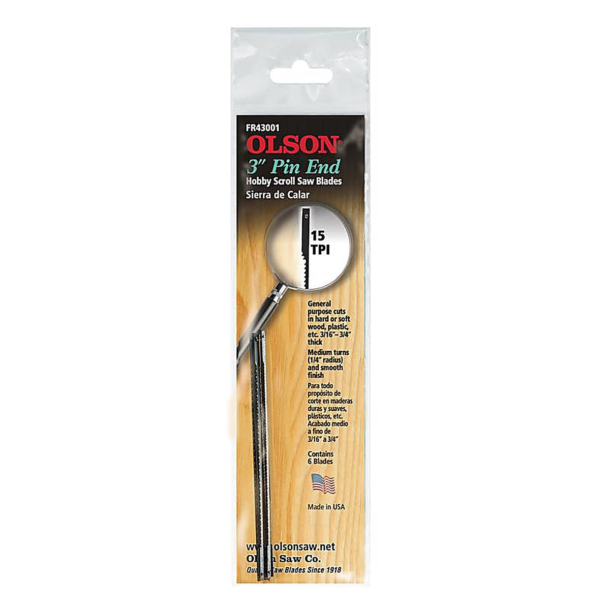 Olson Saw 43001 3 in. Carbon Steel Scroll Saw Blade 15 TPI 6/Pack