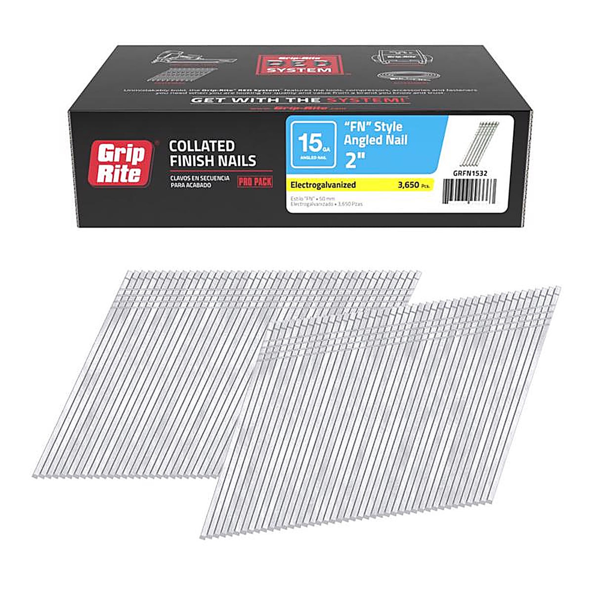 Grip-Rite - GRFN1532 - 2 In. L X 15 Ga. Angled Strip Electro Galvanized Finish Nails 3650 Pack