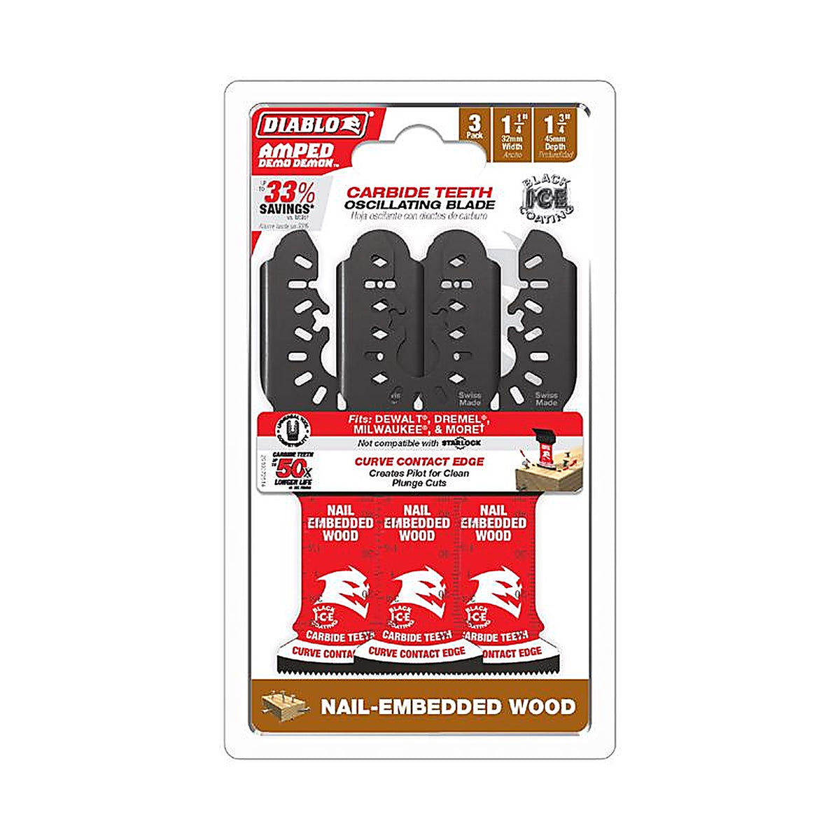 Diablo - DOU125CW3 - Demo Demon Amped 1-3/4 In. L X 1-1/4 In. W Carbide Oscillating Blade Nail-Embedded Wood 3 Pack