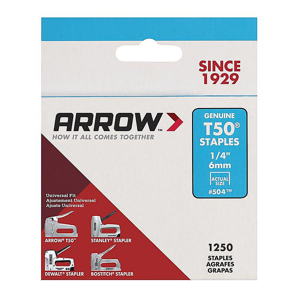Arrow Fastener 50424 T50 3/8 in. W x 1/4 in. L 18 Ga. Wide Crown Heavy Duty Staples 1250/Pack