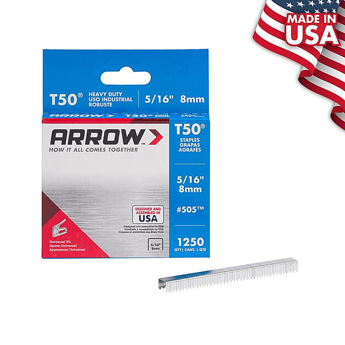 Arrow Fastener 50524 T50 3/8 in. W x 5/16 in. L 18 Ga. Flat Crown Heavy Duty Staples 1250/Pack