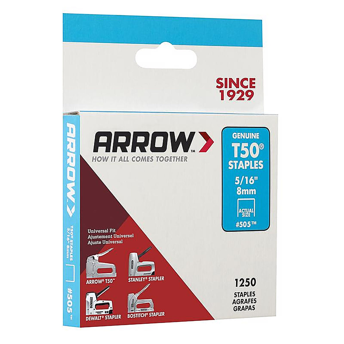 Arrow Fastener 50524 T50 3/8 in. W x 5/16 in. L 18 Ga. Flat Crown Heavy Duty Staples 1250/Pack