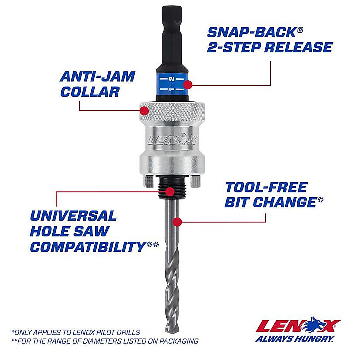 Lenox - LXAH9938PBM - Snap-Back 9/16 - 1-3/16 In. Quick Change 3/8 In. D Hole Saw Arbor