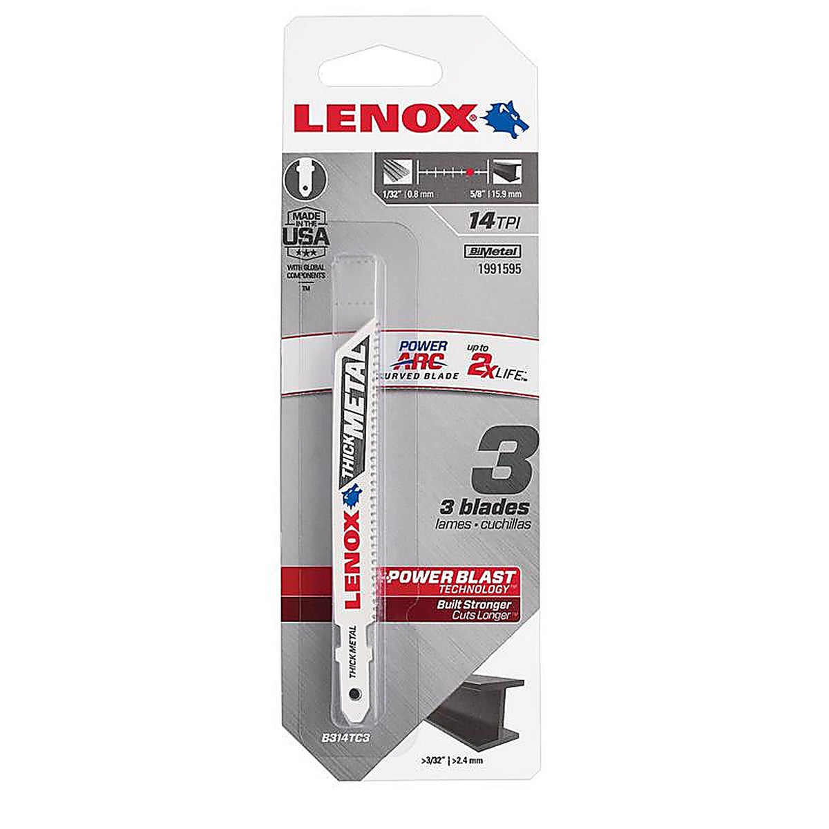 Lenox - 1991595 - Power Arc 3-5/8 In. Bi-Metal T-Shank Jig Saw Blade 14 TPI 3 Piece