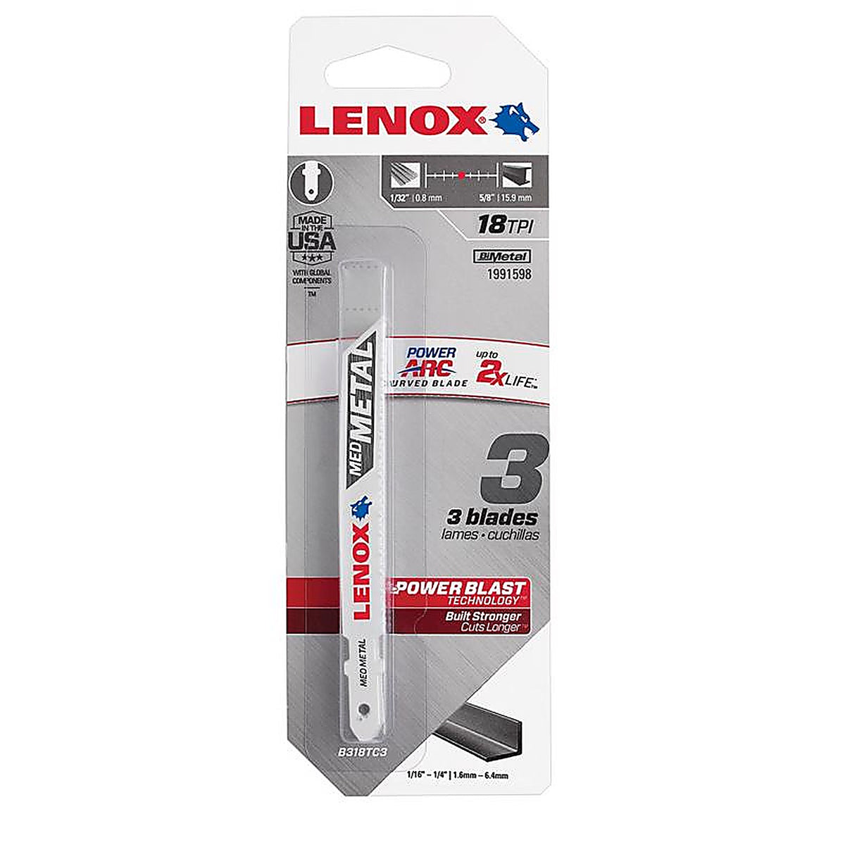 Lenox - 1991598 - Power Arc 3-5/8 In. Bi-Metal T-Shank Jig Saw Blade 18 TPI 3 Piece