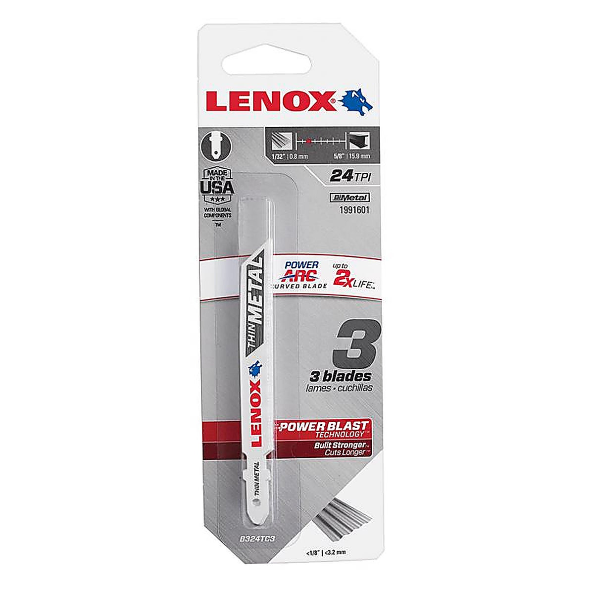 Lenox - 1991601 - Power Arc 3-5/8 In. Bi-Metal T-Shank Jig Saw Blade 24 TPI 3 Piece