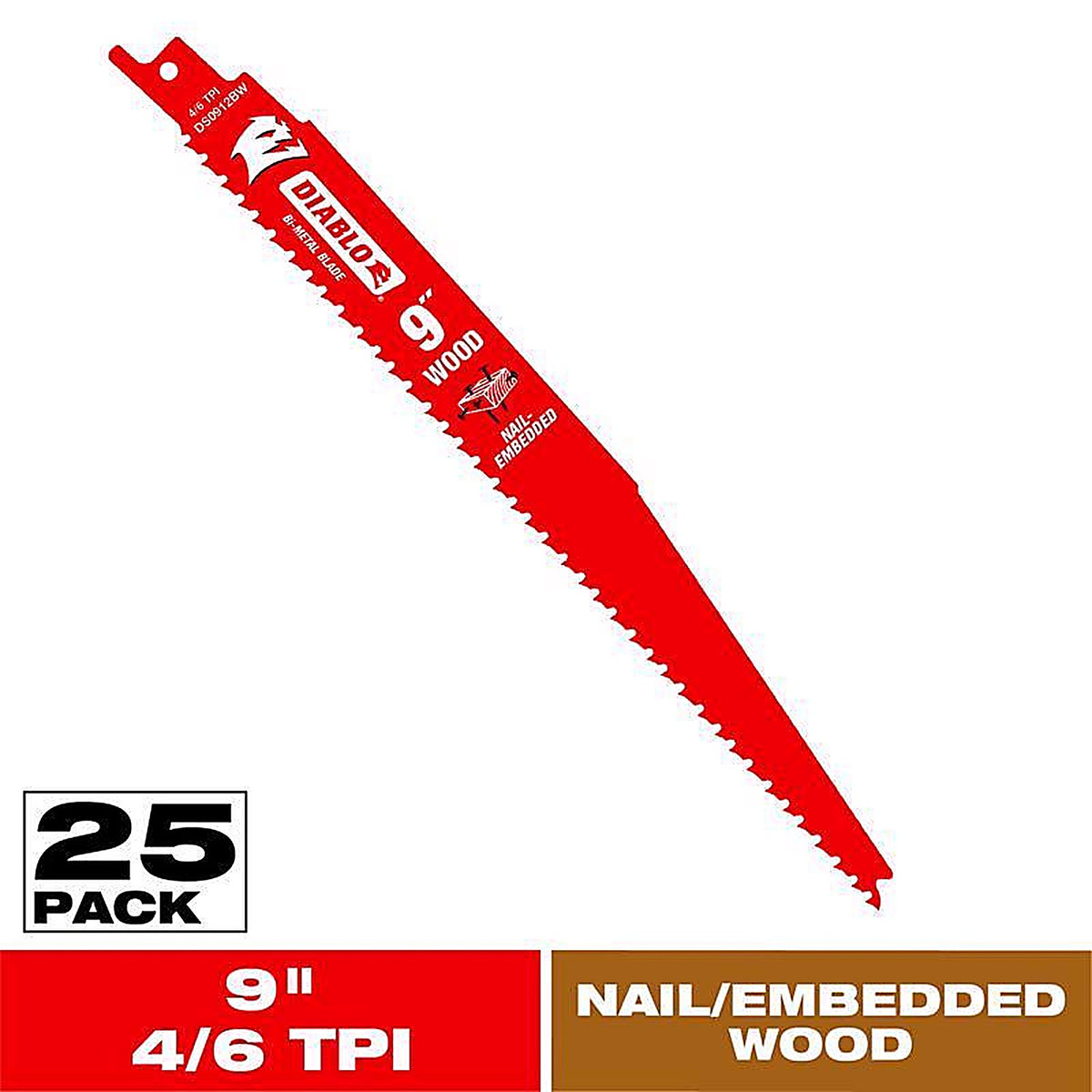 Diablo - DS0912BW25 - 9 In. Bi-Metal Nail Embedded Wood Reciprocating Saw Blade 4/6 TPI 25 Pack