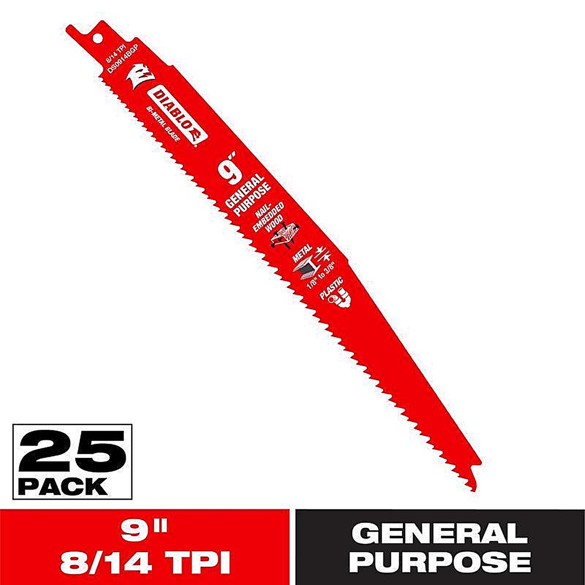 Diablo - DS0914BGP25 - 9 In. Bi-Metal General Purpose Reciprocating Saw Blade 8/14 TPI 25 Pack