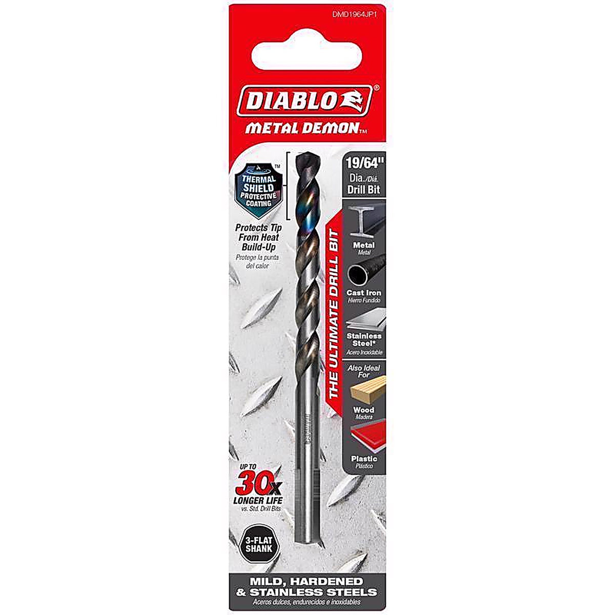 Diablo - DMD1964JP1 - Metal Demon 19/64 In. X 4.6 In. L Stainless Steel Drill Bit 3-Flat Shank 1 Piece