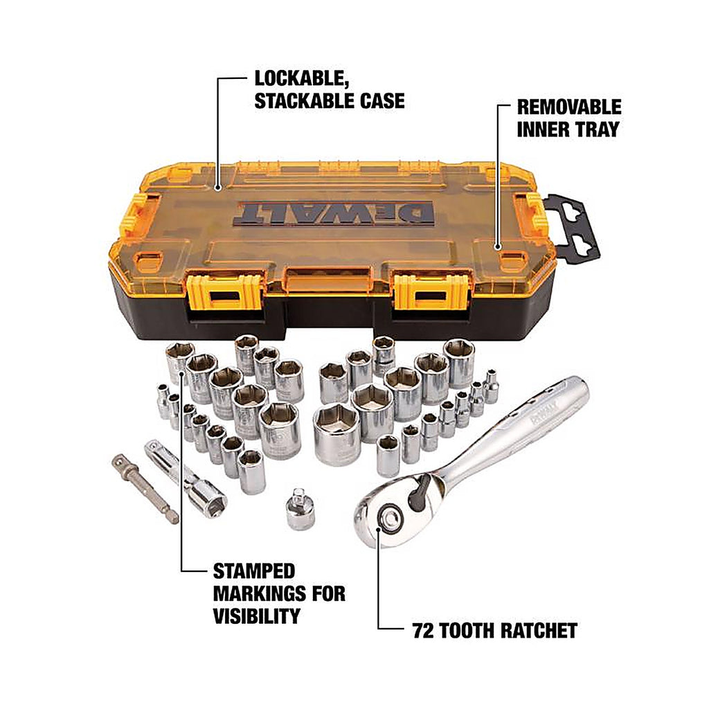 DeWalt - DWMT73804 - 1/4 and 3/8 In. Drive Metric/SAE 6 Point Socket Set 34 Piece