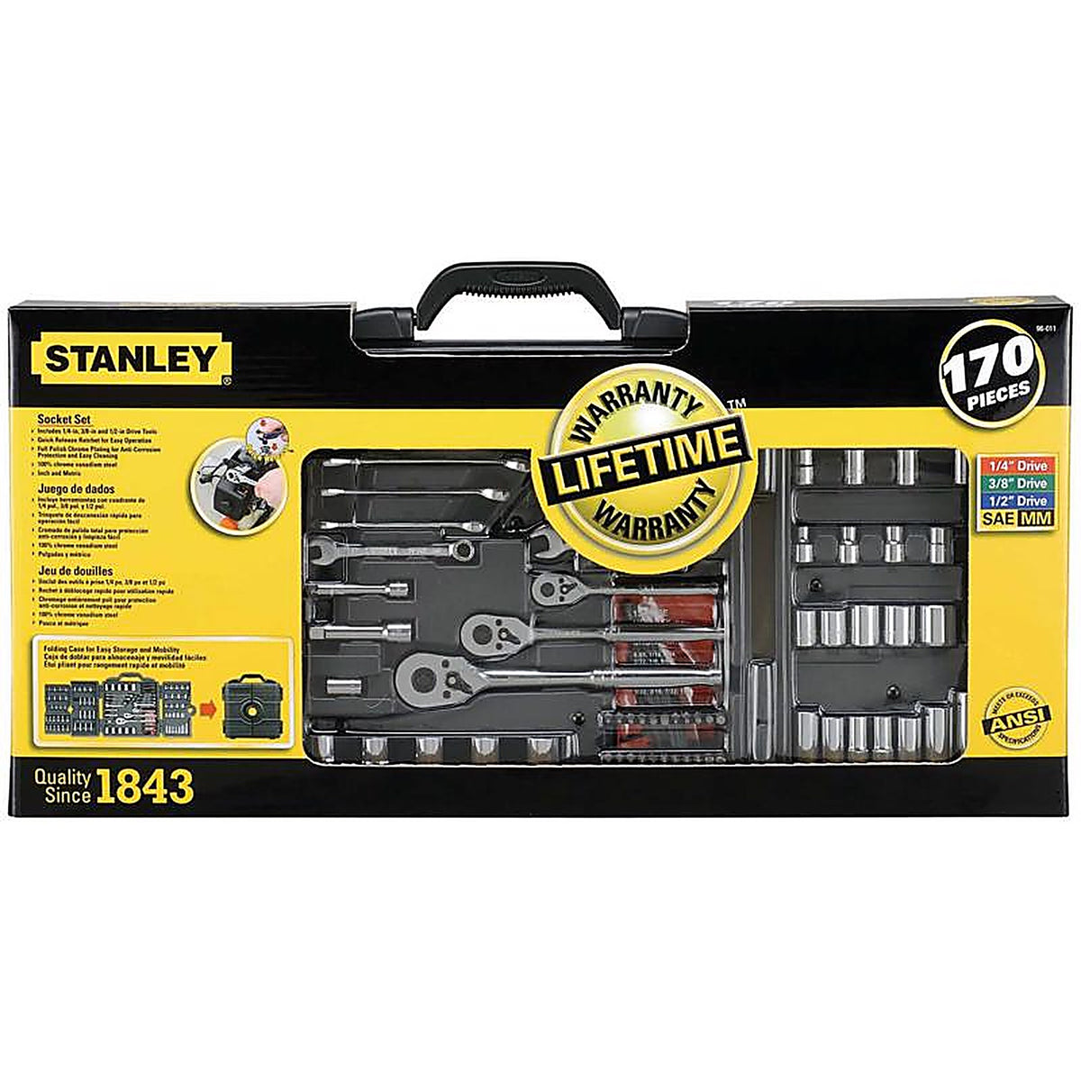 Stanley - 96-011 - 1/4 & 3/8 & 1/2 In. Drive Metric/SAE Socket and Ratchet Set 170 Piece
