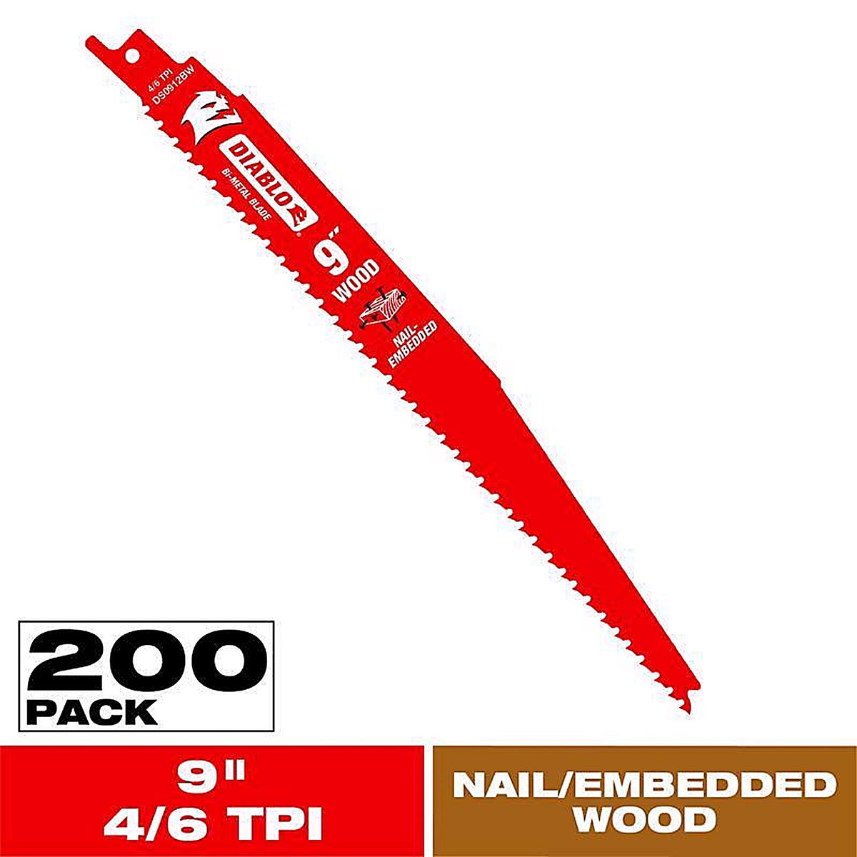 Diablo - DS0912BW200 - 9 In. Bi-Metal Nail Embedded Wood Reciprocating Saw Blade 4/6 TPI 200 Pack