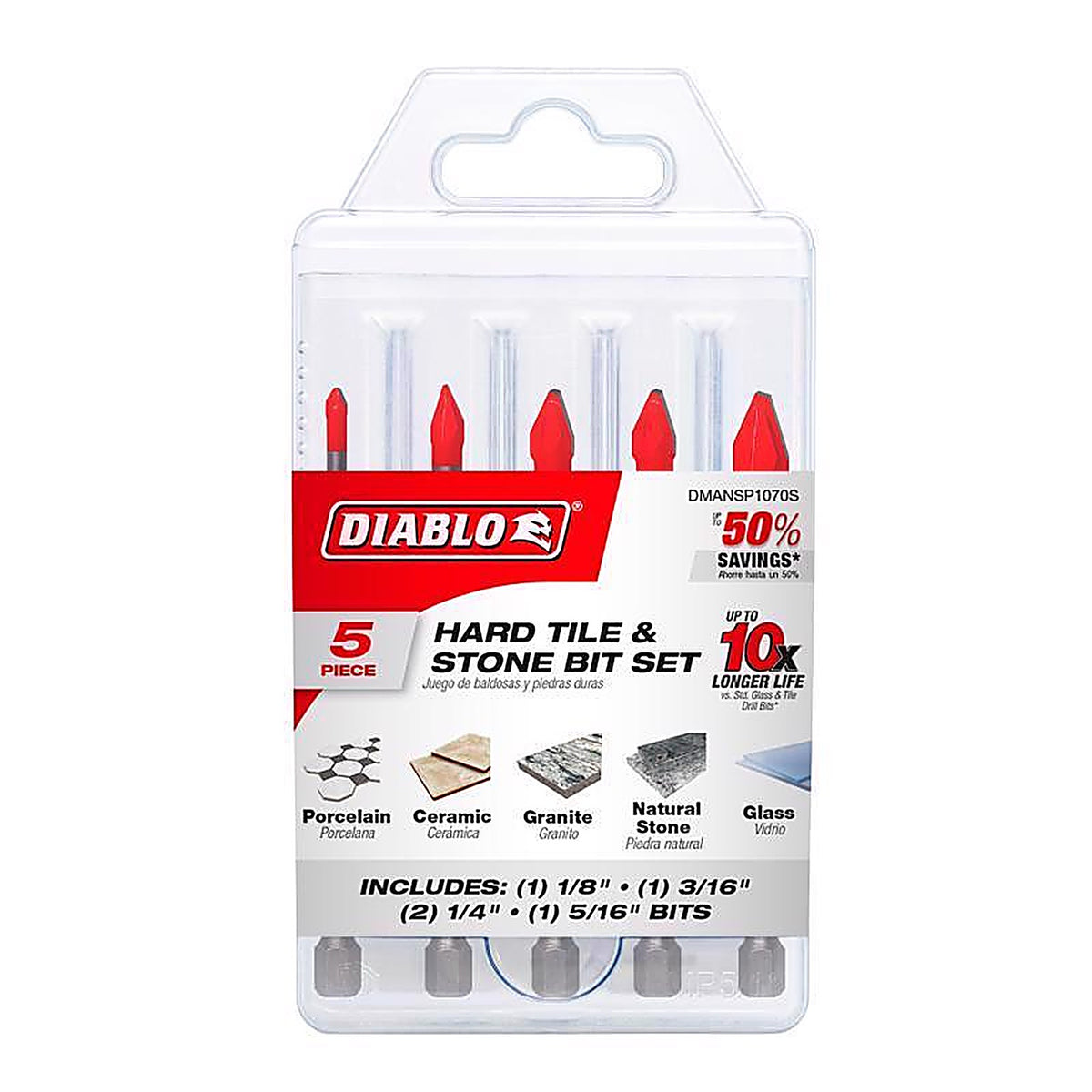 Diablo - DMANSP1070S - 3-1/2 In. L Carbide Tipped Tile and Stone Drill Bit Set HEX Shank 5 Piece