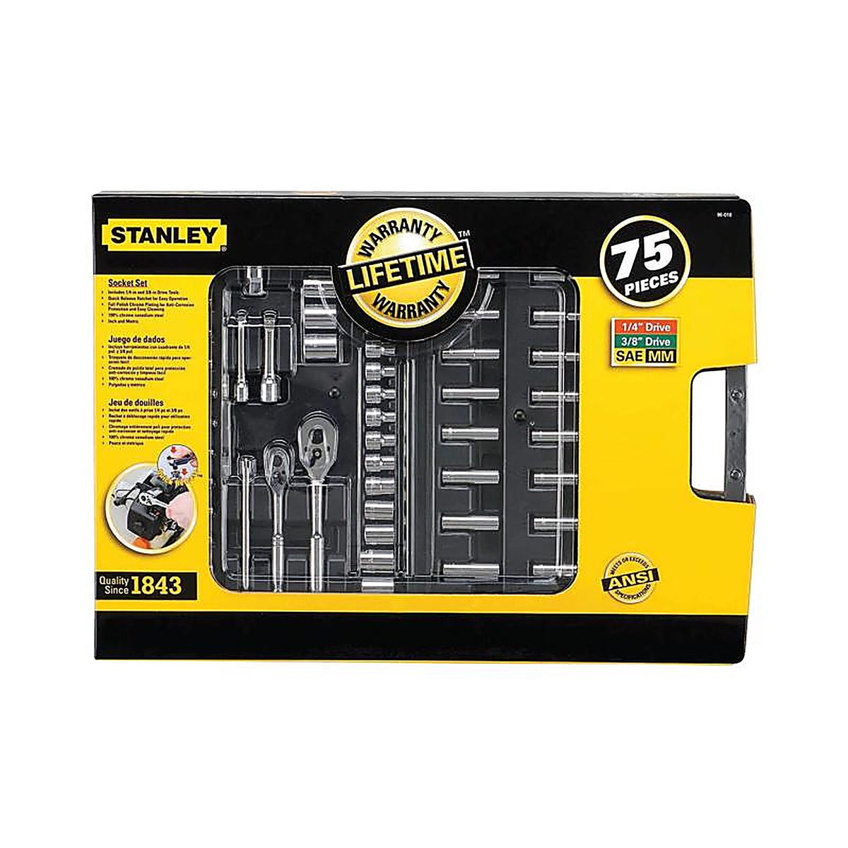 Stanley - 96-010 - 1/4 and 3/8 In. Drive Metric/SAE Mechanics Tool Set 75 Piece