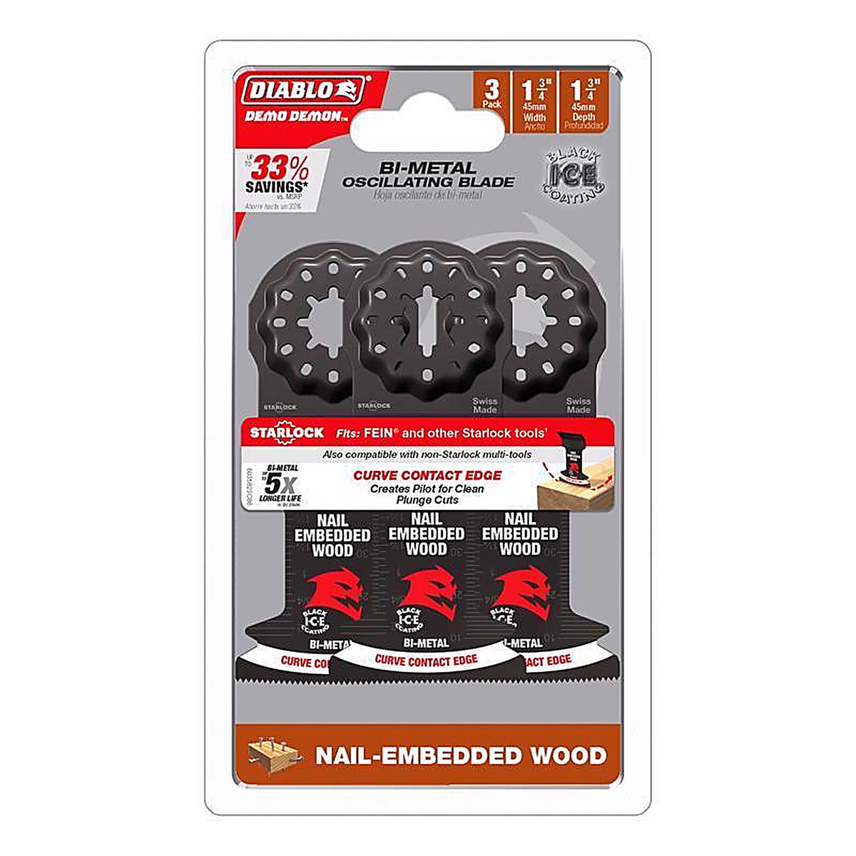 Diablo - DOS175BW3 - Demo Demon 1-3/4 In. W Bi-Metal Starlock Curved Oscillating Blade Nail-Embedded Wood 3 Pack