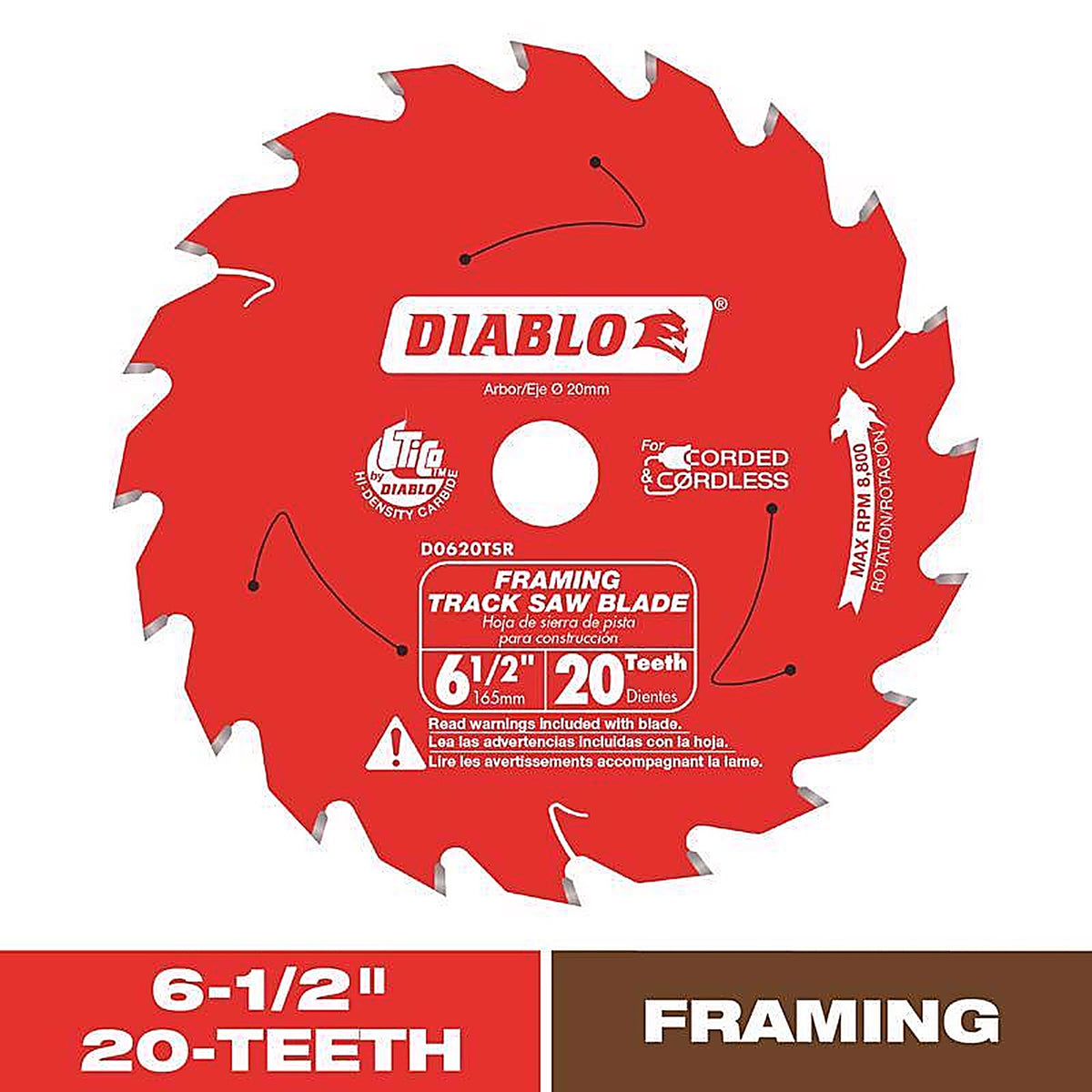 Diablo - D0620TSR - 6-1/2 In. D X 20 MM Carbide Tipped Track Saw Blade 20 Teeth 1 Pack