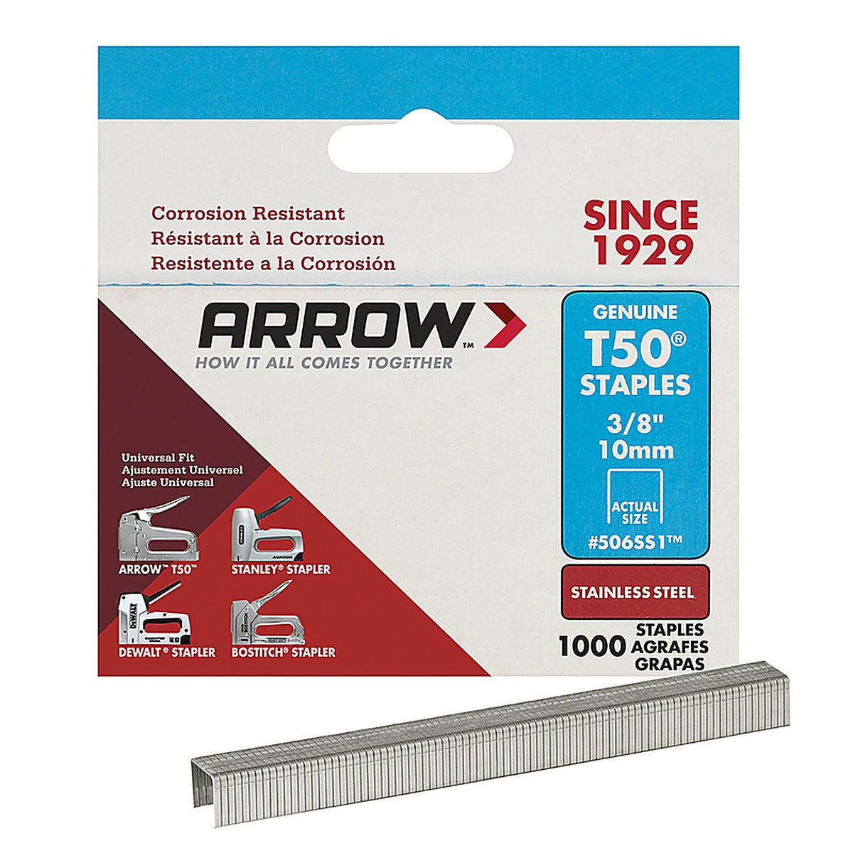 Arrow Fastener 506SS1 T50 3/8 in. W x 3/8 in. L 18 Ga. Flat Crown Heavy Duty Staples 1000/Pack