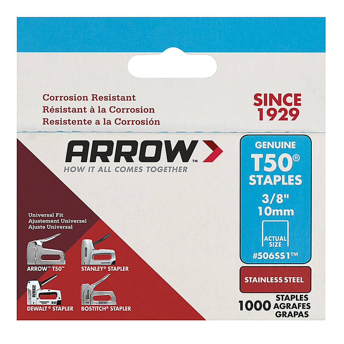 Arrow Fastener 506SS1 T50 3/8 in. W x 3/8 in. L 18 Ga. Flat Crown Heavy Duty Staples 1000/Pack