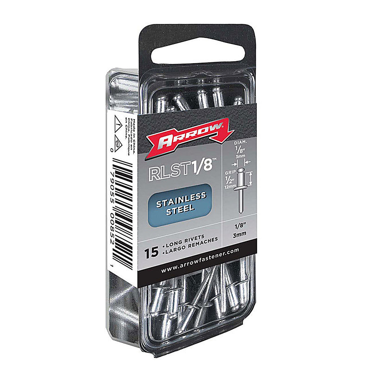 Arrow Fastener RLST1/8 1/8 in. Dia. x 1/2 in. Stainless Steel Rivets Silver 15/Pack