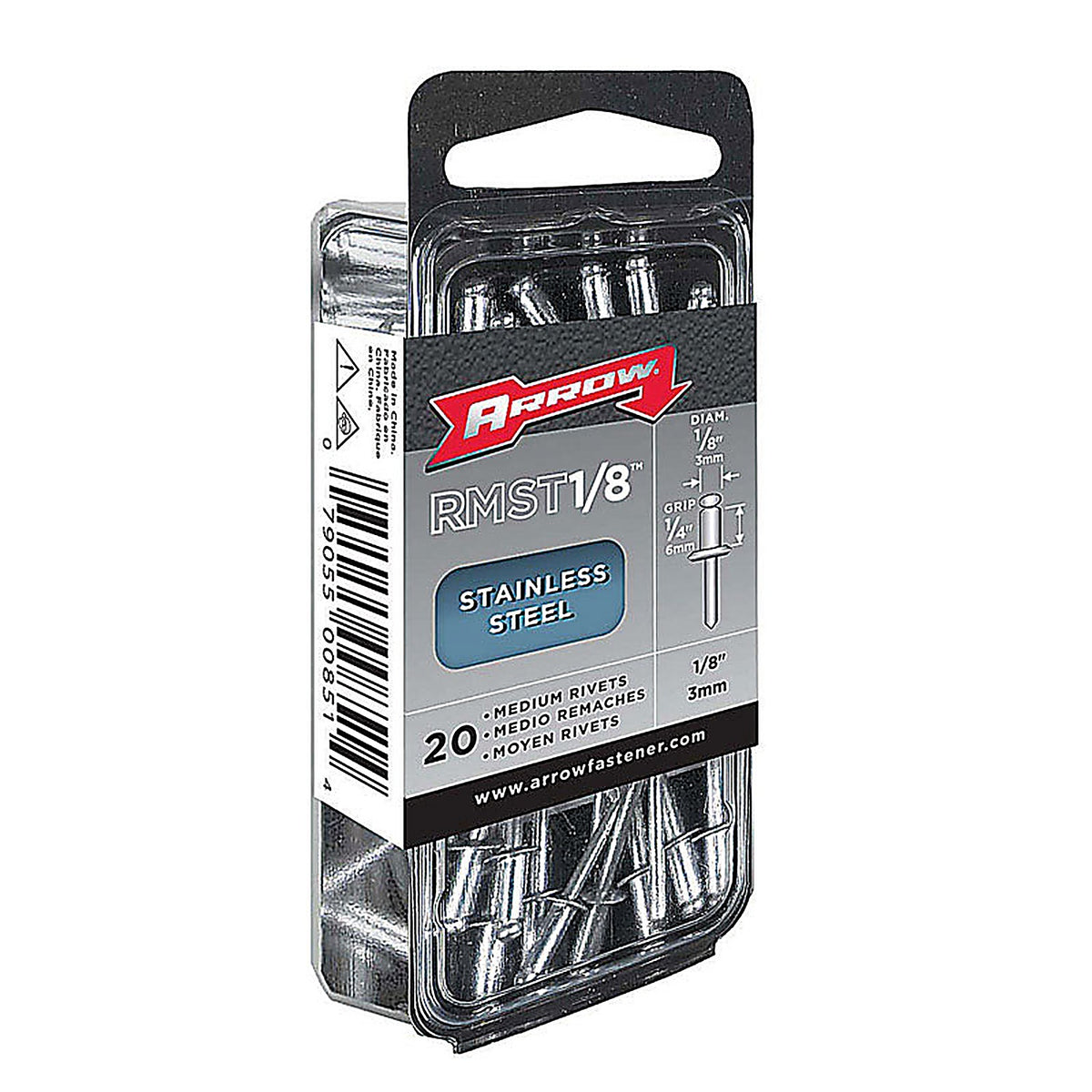 Arrow Fastener RMST1/8 1/8 in. Dia. x 1/4 in. Stainless Steel Rivets Silver 20/Pack