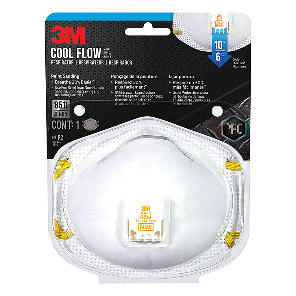 3M 8511PA1-A-PS N95 Paint Sanding Cup Disposable Respirator Pro-Series Valved White One Size Fits All 1 pc