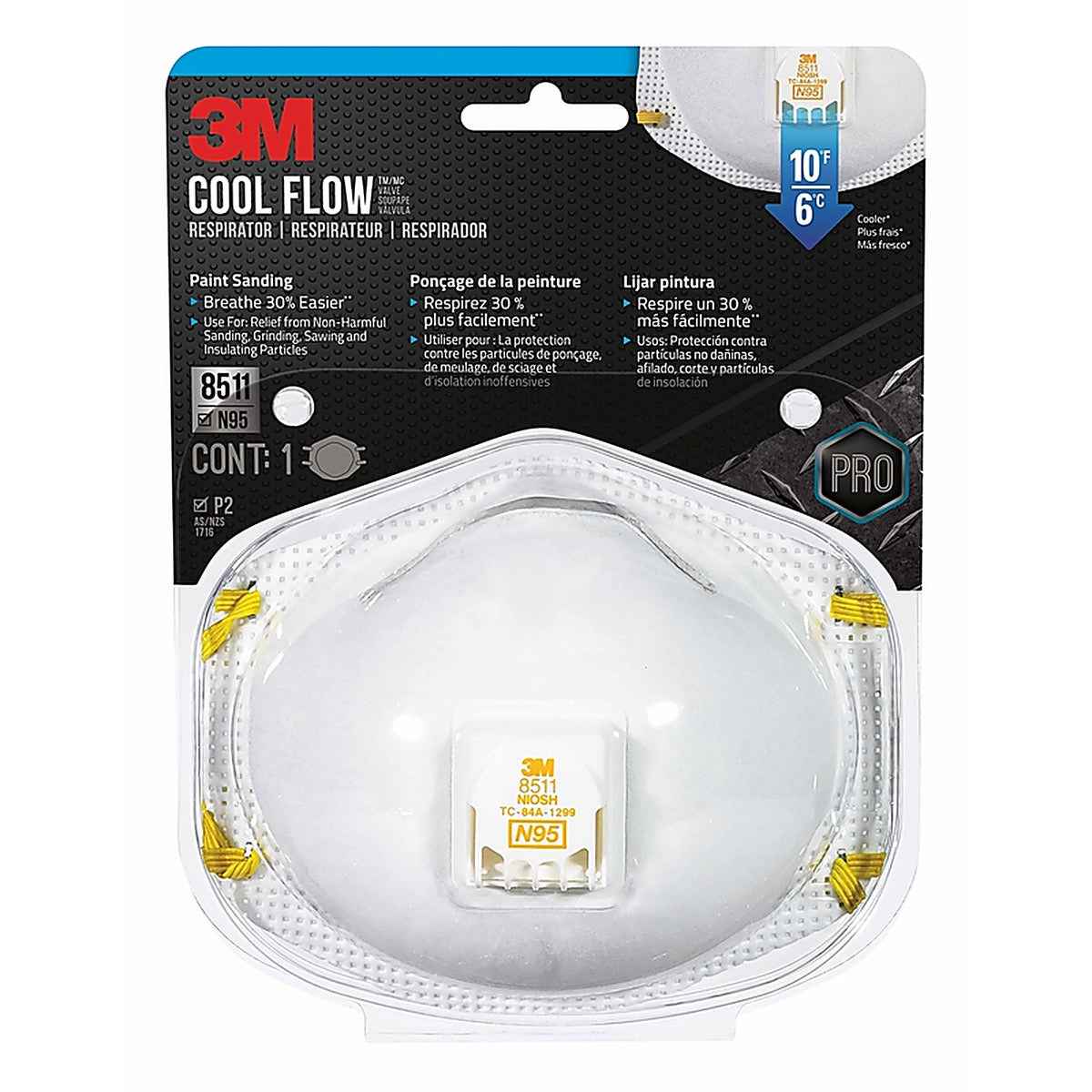 3M 8511PA1-A-PS N95 Paint Sanding Cup Disposable Respirator Pro-Series Valved White One Size Fits All 1 pc