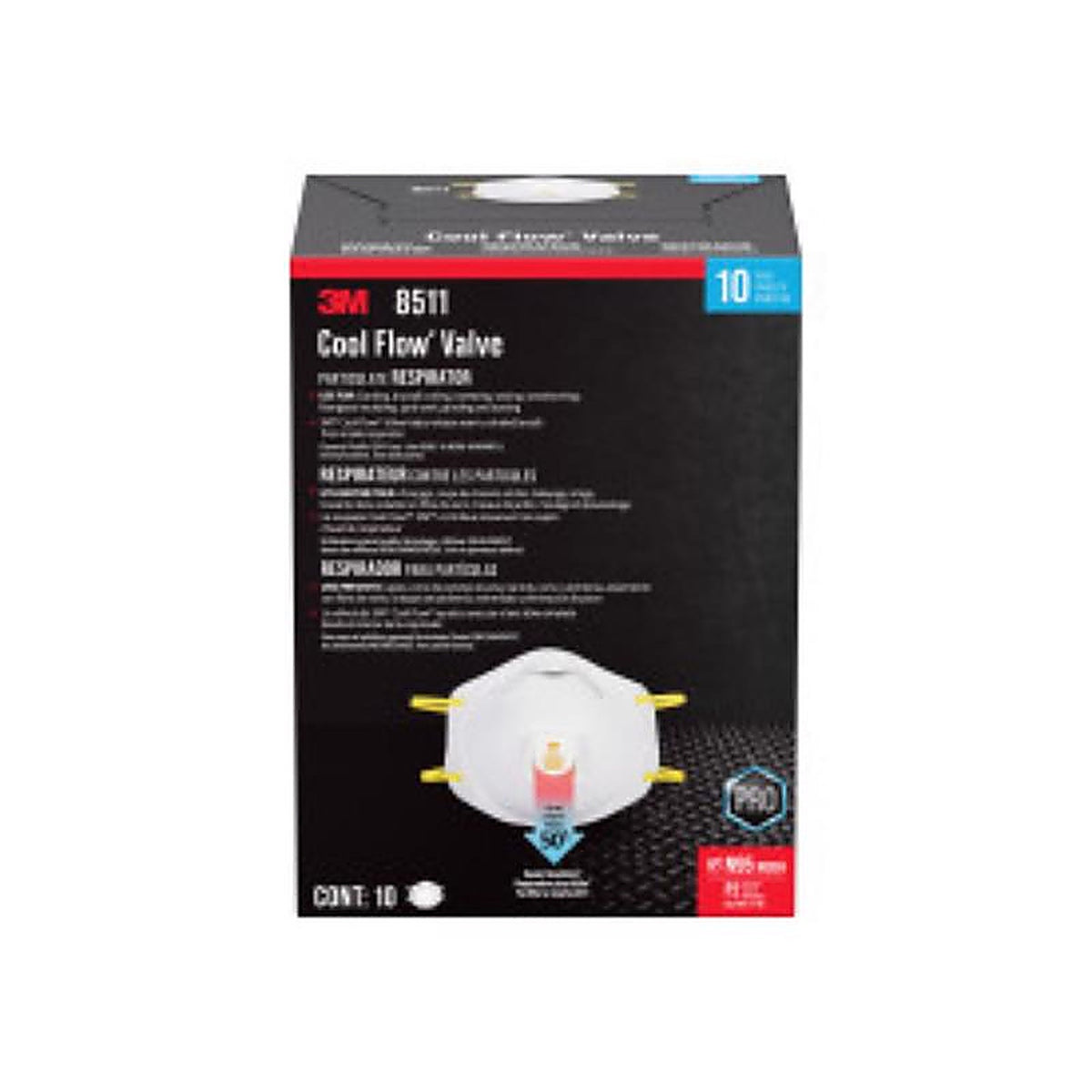 3M 8511P10-DC-PS N95 Paint Sanding Cup Disposable Respirator Pro-Series Valved White 10 pc