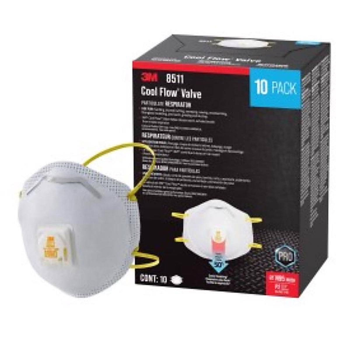 3M 8511P10-DC-PS N95 Paint Sanding Cup Disposable Respirator Pro-Series Valved White 10 pc