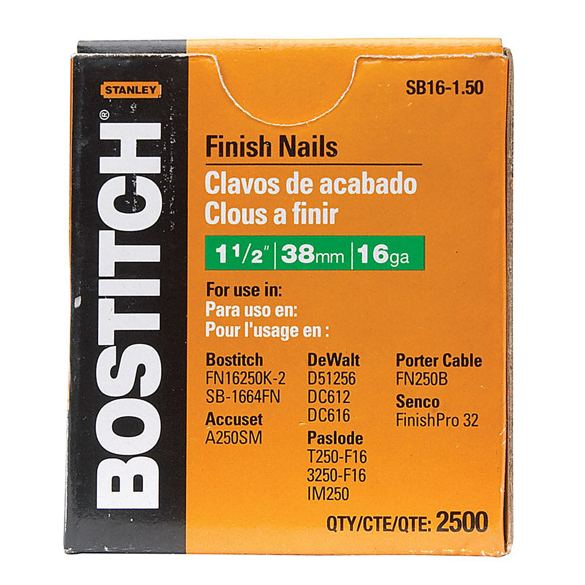 Stanley Bostitch SB16-1.50 1-1/2 in. 16 Ga. Straight Strip Finish Nails Smooth Shank 2500/Pack