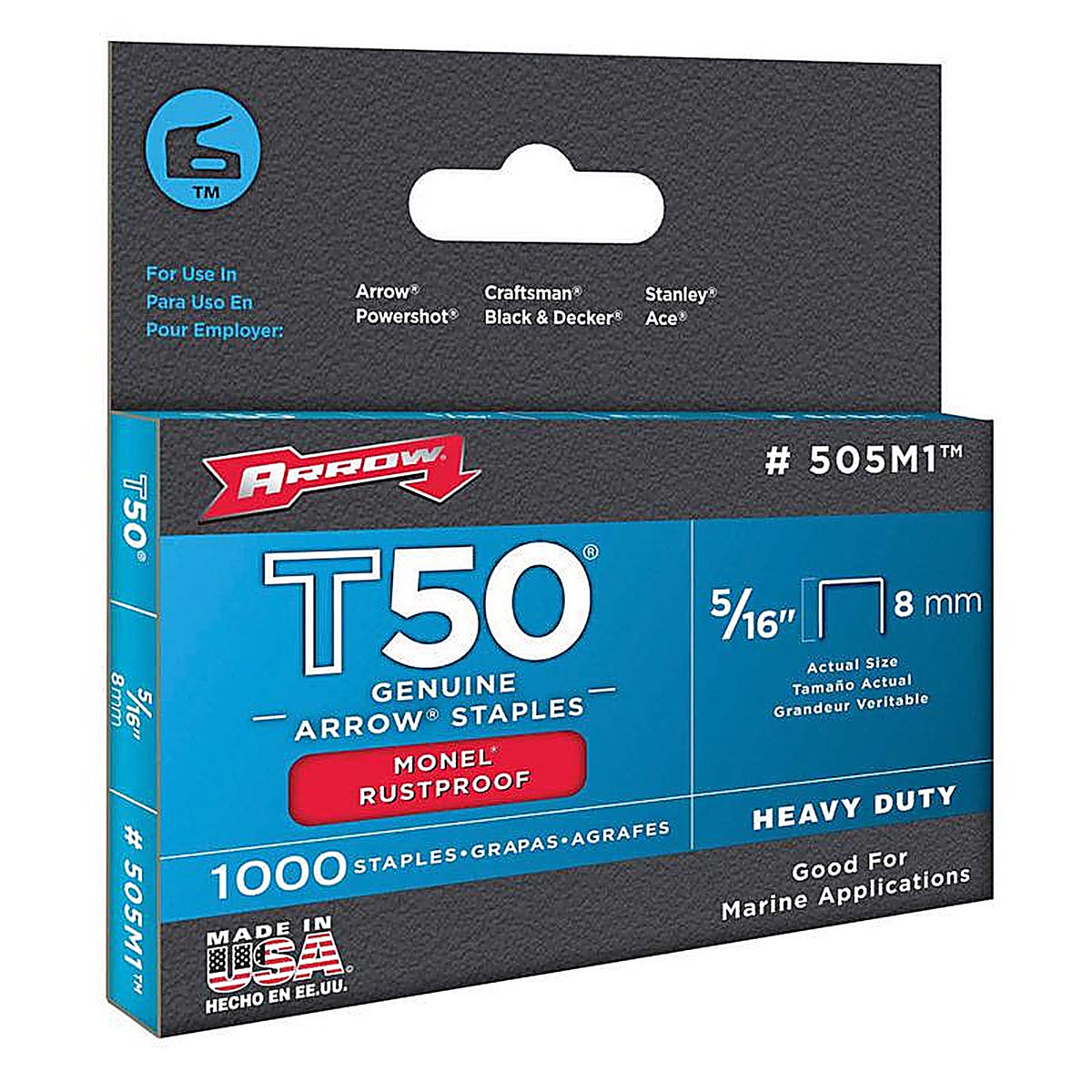 Arrow - 505M1 - T50 3/8 In. W X 5/16 In. L 18 Ga. Flat Crown Heavy Duty Staples 1000 Pack