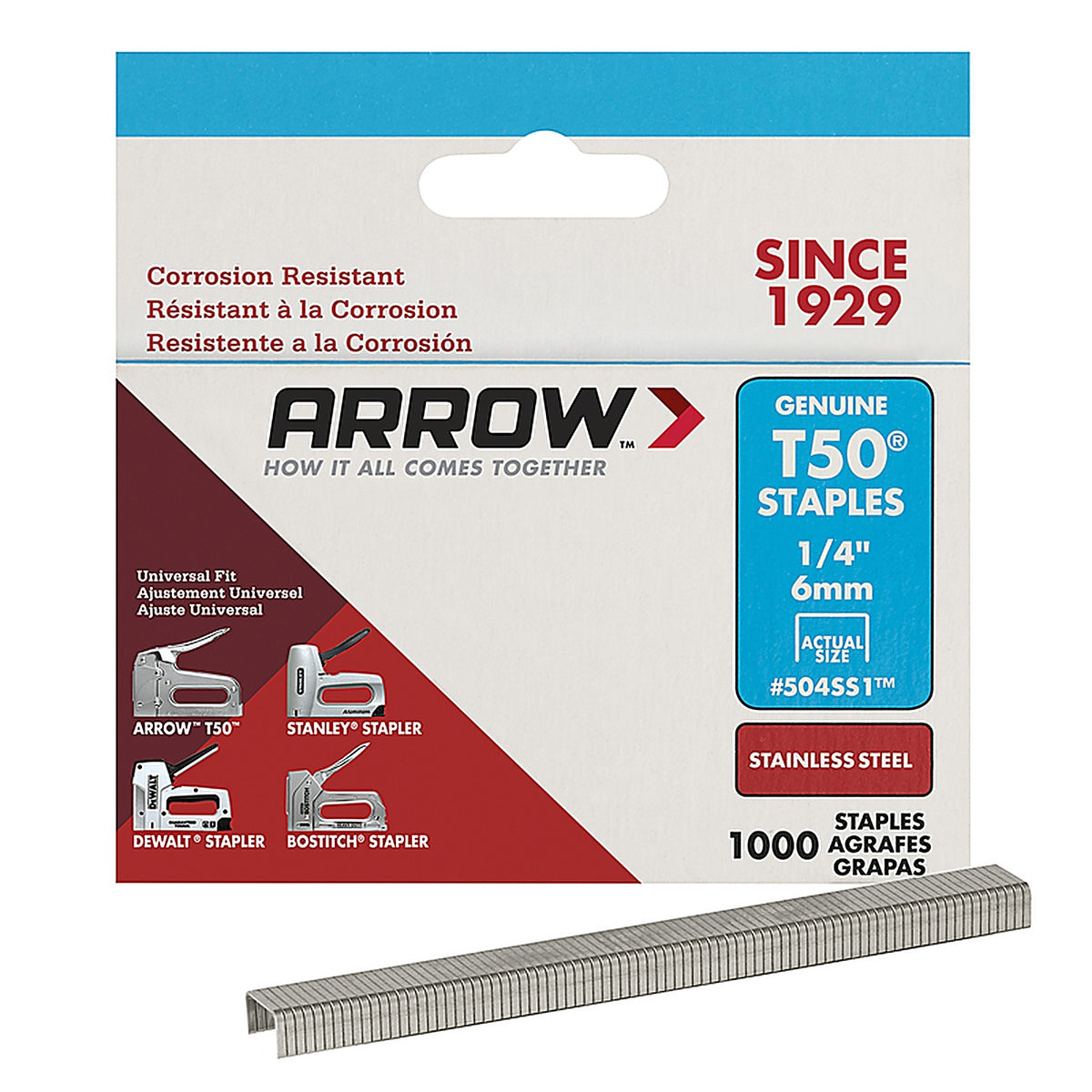 Arrow Fastener 504SS1 T50 3/8 in. W x 1/4 in. L 18 Ga. Flat Crown Heavy Duty Staples 1000/Pack