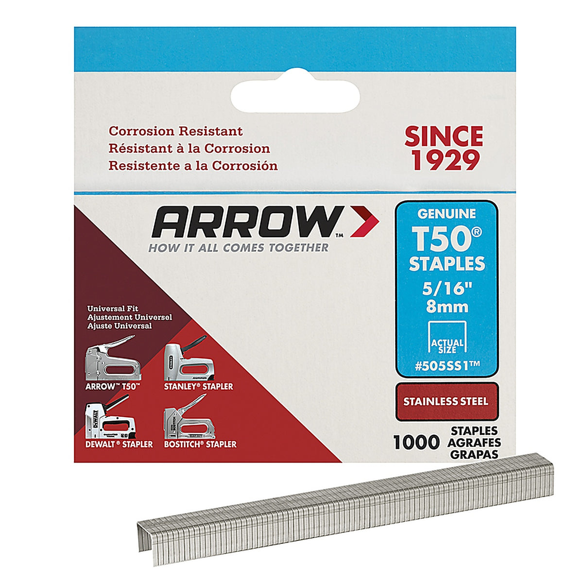 Arrow Fastener 505SS1 T50 3/8 in. W x 5/16 in. L 18 Ga. Flat Crown Heavy Duty Staples 1000/Pack