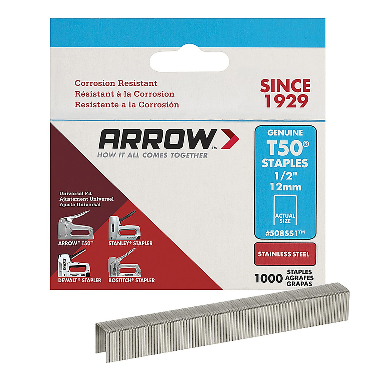 Arrow Fastener 508SS1 T50 3/8 in. W x 1/2 in. L 18 Ga. Flat Crown Heavy Duty Staples 1000/Pack