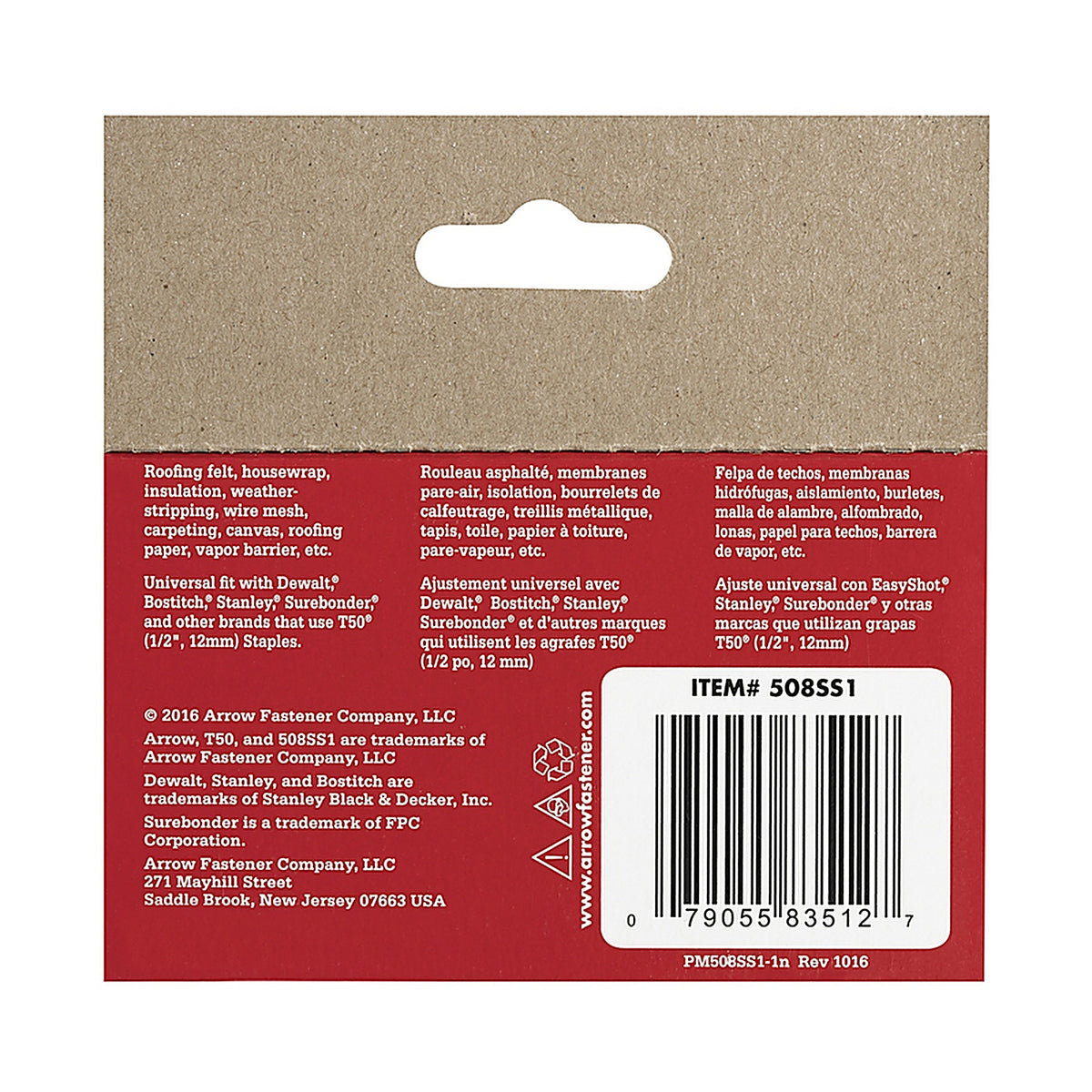 Arrow Fastener 508SS1 T50 3/8 in. W x 1/2 in. L 18 Ga. Flat Crown Heavy Duty Staples 1000/Pack