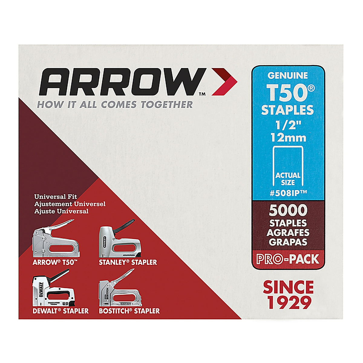 Arrow Fastener 508IP T50 3/8 in. W x 1/2 in. L 18 Ga. Flat Crown Heavy Duty Staples 5000/Pack