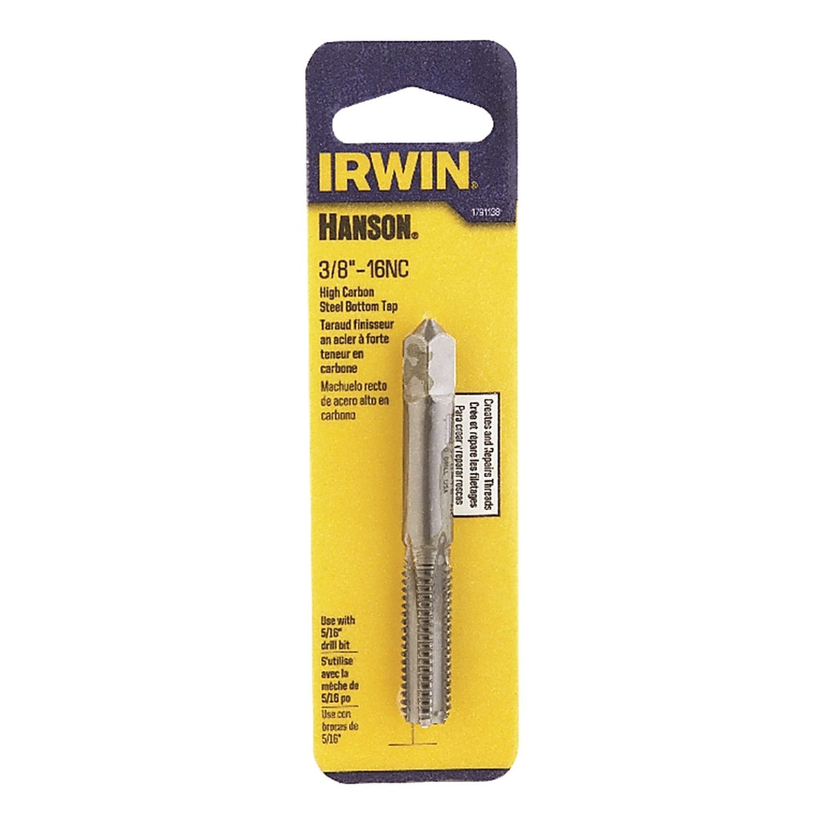 Irwin 1791138 Hanson High Carbon Steel SAE Bottom Tap 3/8 in.-16NC 1/pc.