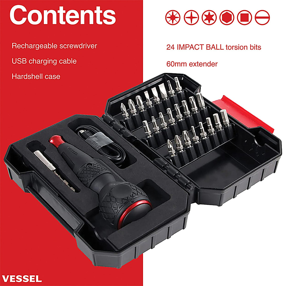 Vessel - 220USB25U - Rechargeable Ball Grip Screwdriver with 25Pc Bit Set