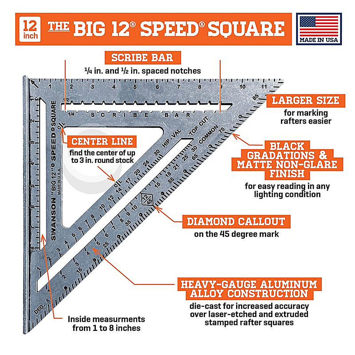 Swanson - S0107 - 12 In. L X 1 In. H Aluminum Big 12 Speed Square
