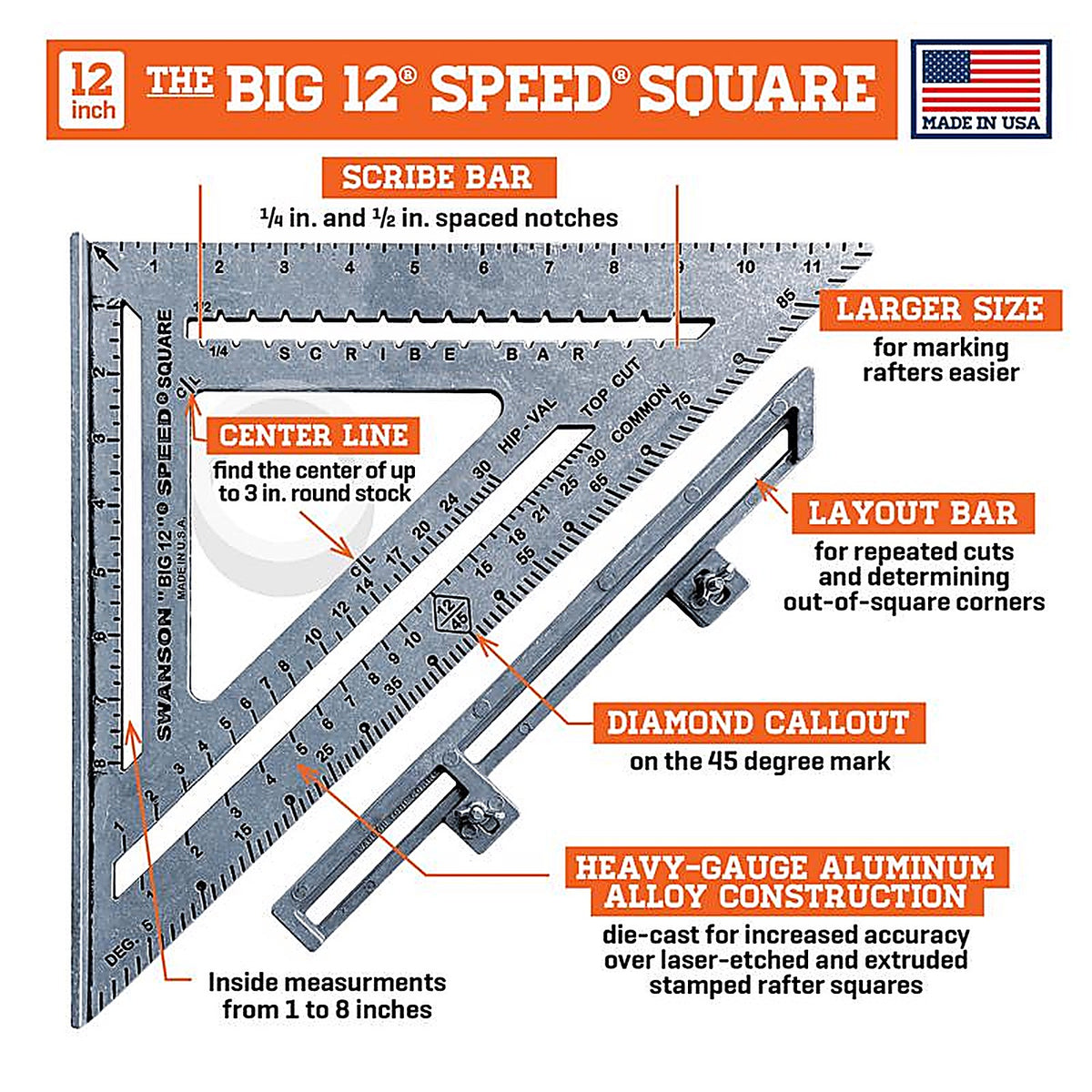Swanson - S0107 - 12 In. L X 1 In. H Aluminum Big 12 Speed Square