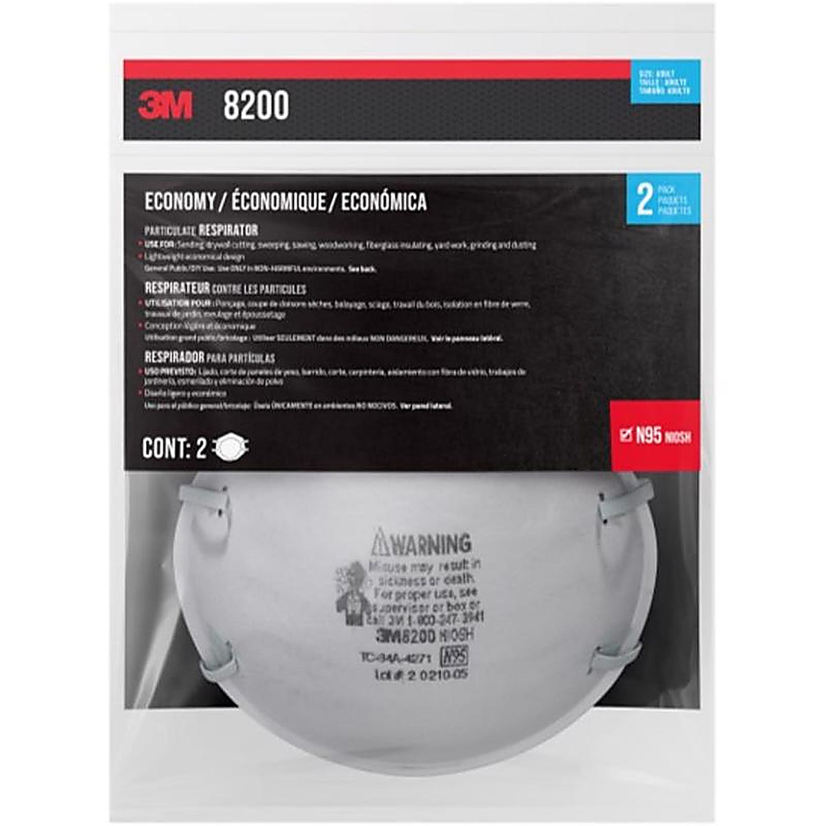 3M 8200H2-C N95 Sanding and Fiberglass Respirator White 2 pk