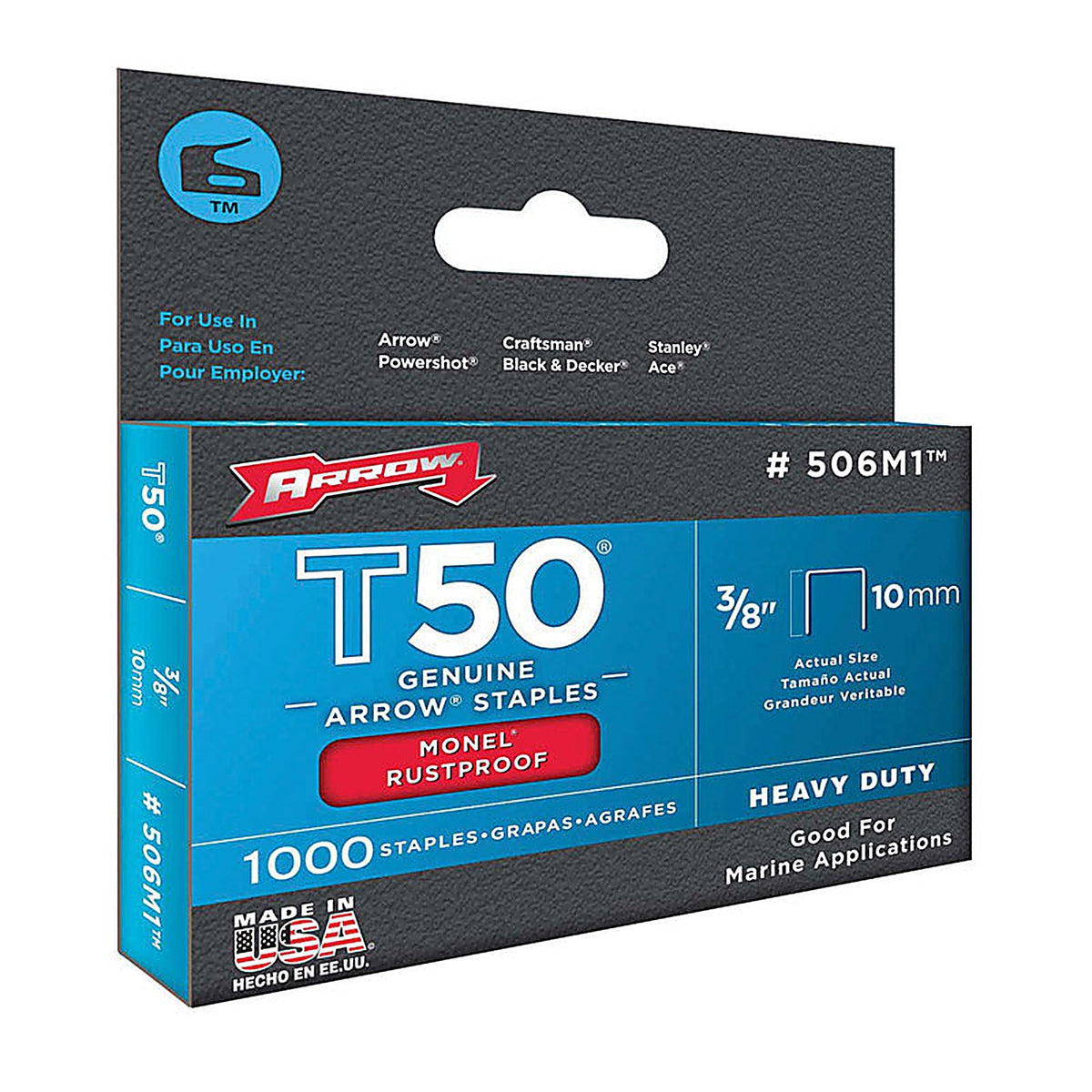Arrow Fastener 506M1 T50 3/8 in. W x 3/8 in. L 18 Ga. Flat Crown Heavy Duty Staples 1000/Pack