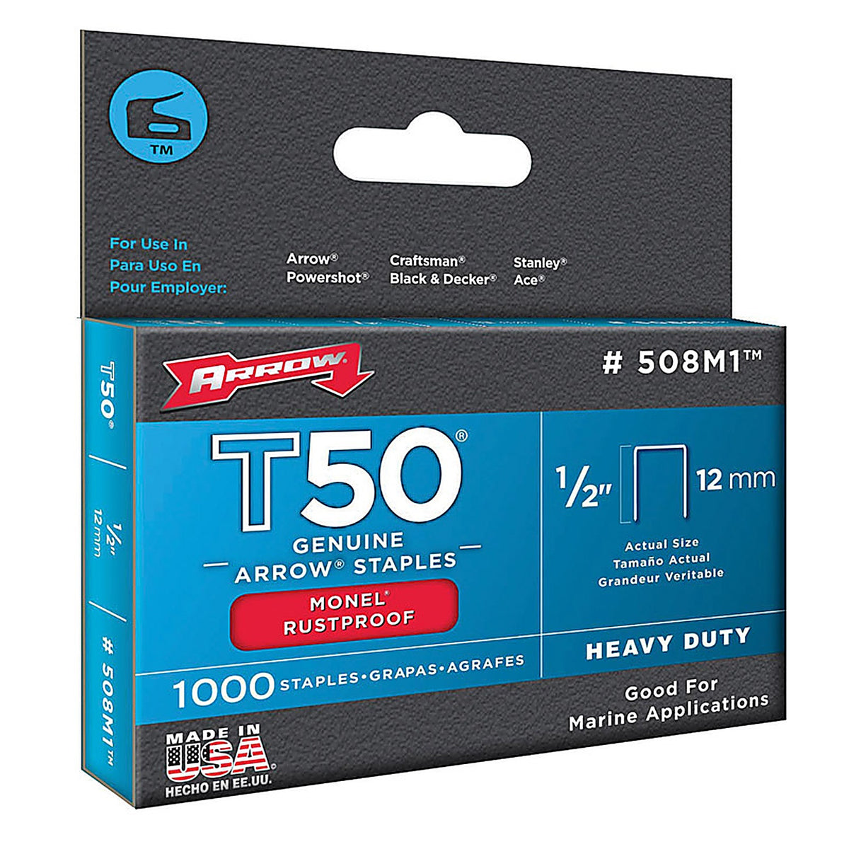 Arrow Fastener 508M1 T50 3/8 in. W x 1/2 in. L 18 Ga. Flat Crown Heavy Duty Staples 1000/Pack
