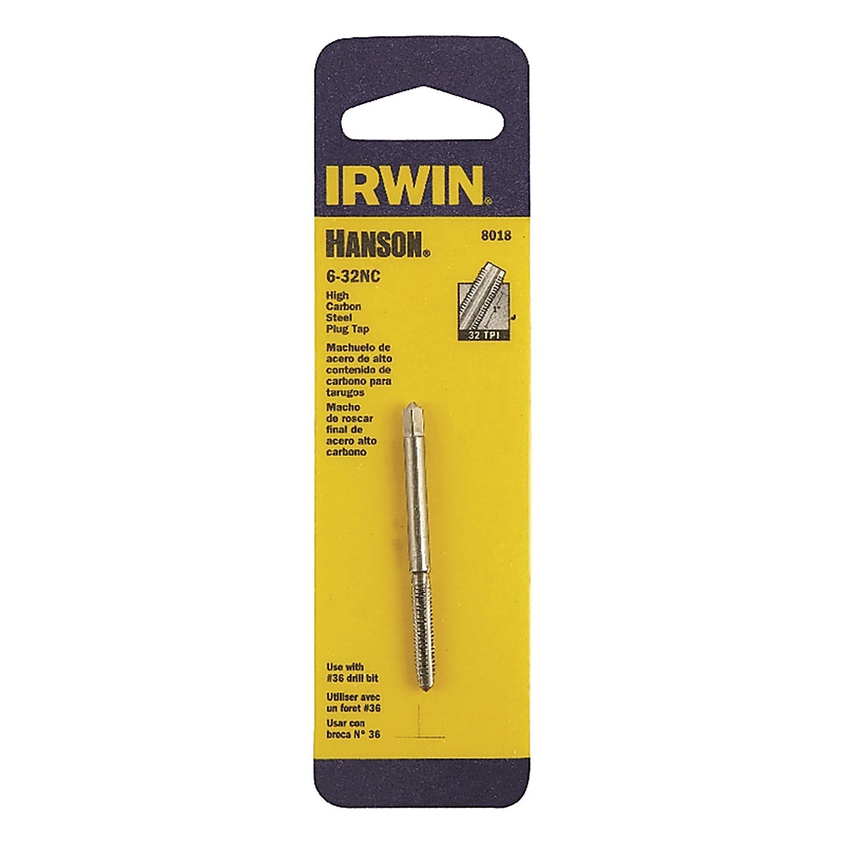 Irwin 8018 Hanson High Carbon Steel SAE Plug Tap 6-32NC 1/pc.