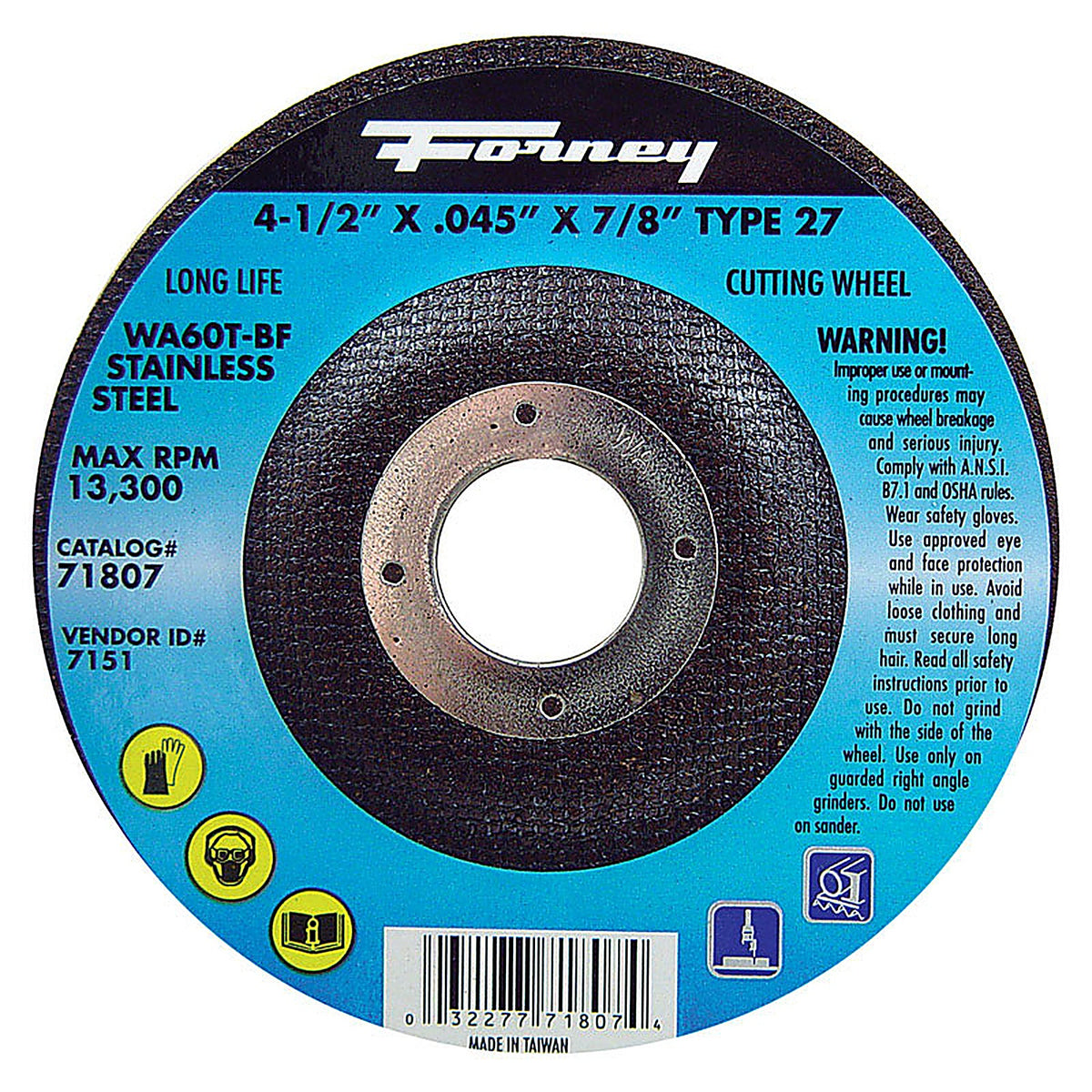Forney 71807 4-1/2 in. D X 7/8 in. S Aluminum Oxide Metal Cut-Off Wheel 1 pc