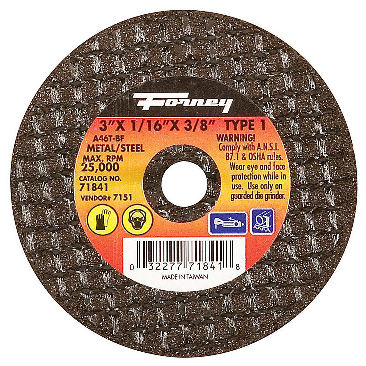 Forney 71841 3 in. D X 3/8 in. S Aluminum Oxide Metal Cut-Off Wheel 1 pc
