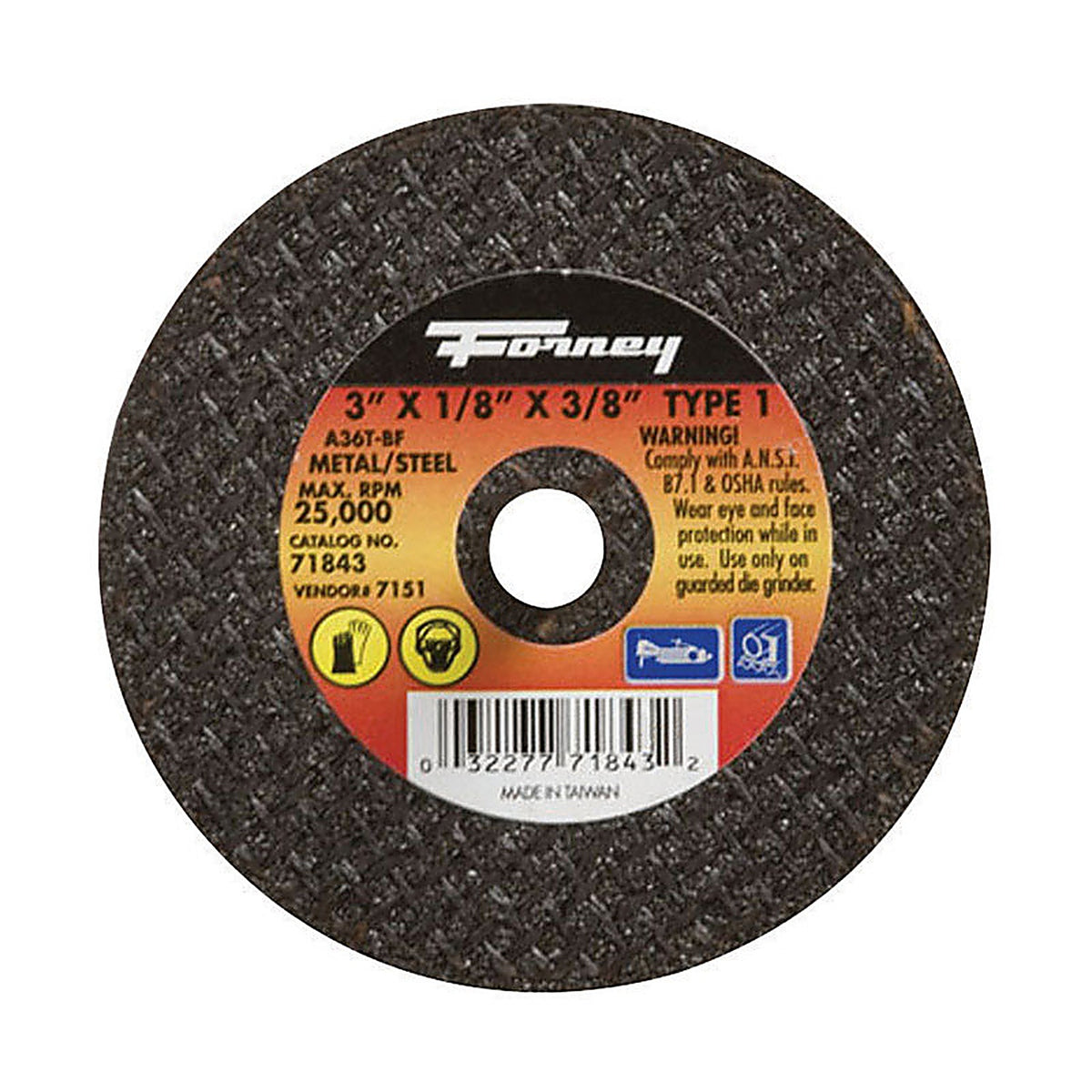 Forney 71843 3 in. D X 3/8 in. S Aluminum Oxide Metal Cut-Off Wheel 1 pc