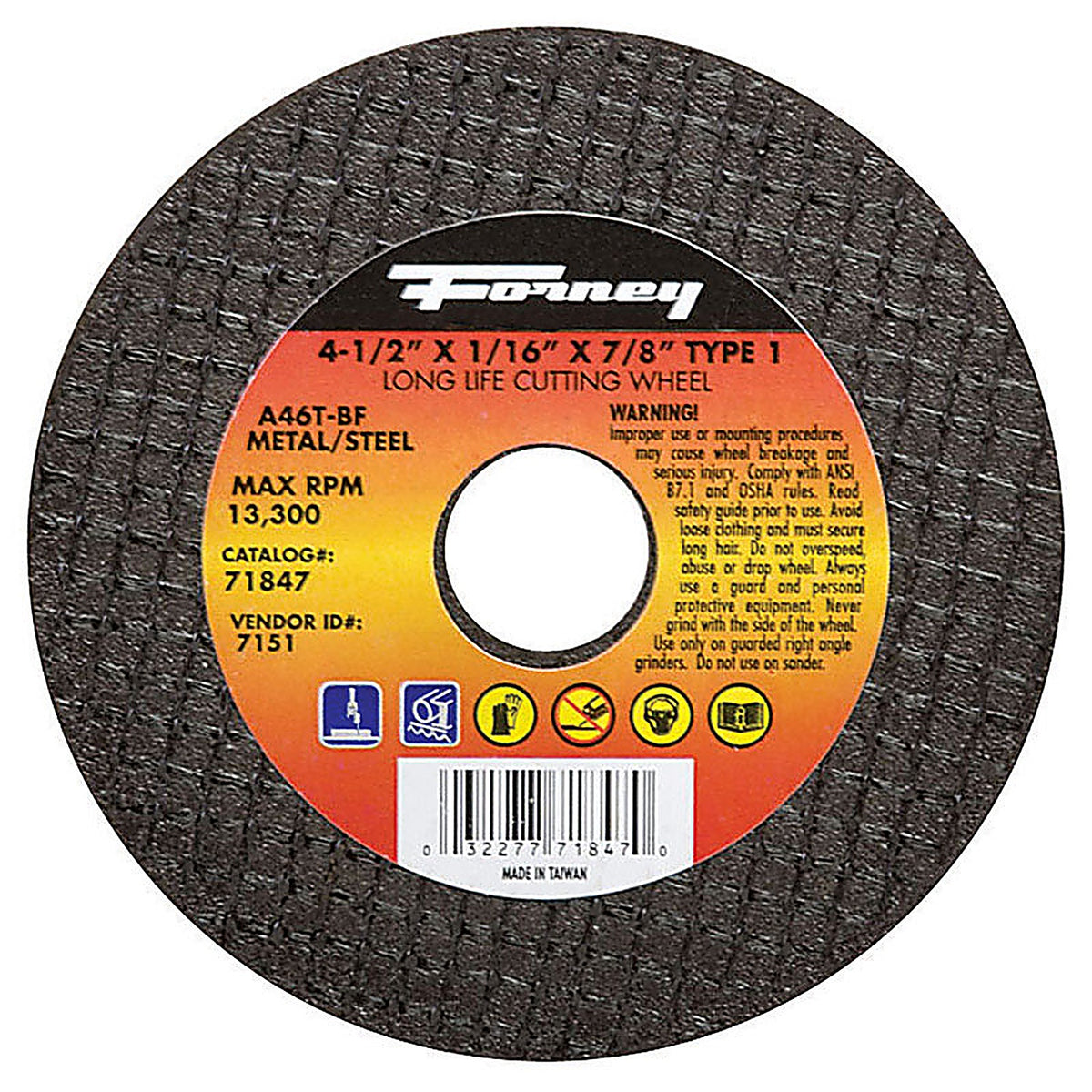 Forney 71847 4-1/2 in. D X 7/8 in. S Aluminum Oxide Metal Cut-Off Wheel 1 pc