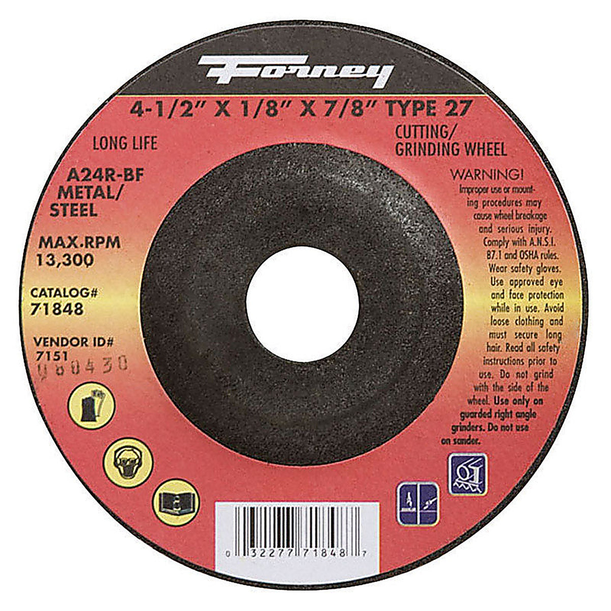 Forney 71848 4-1/2 in. D X 1/8 in. thick T X 7/8 in. in. S Metal Grinding Wheel 1 pc