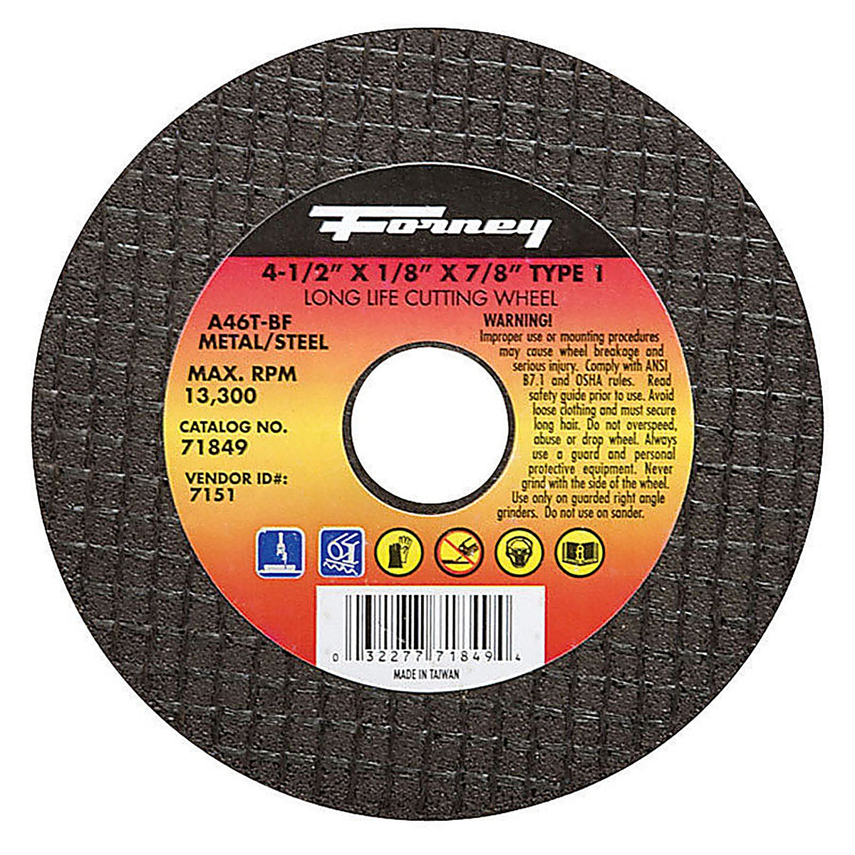 Forney 71849 4-1/2 in. D X 7/8 in. S Aluminum Oxide Metal Cut-Off Wheel 1 pc