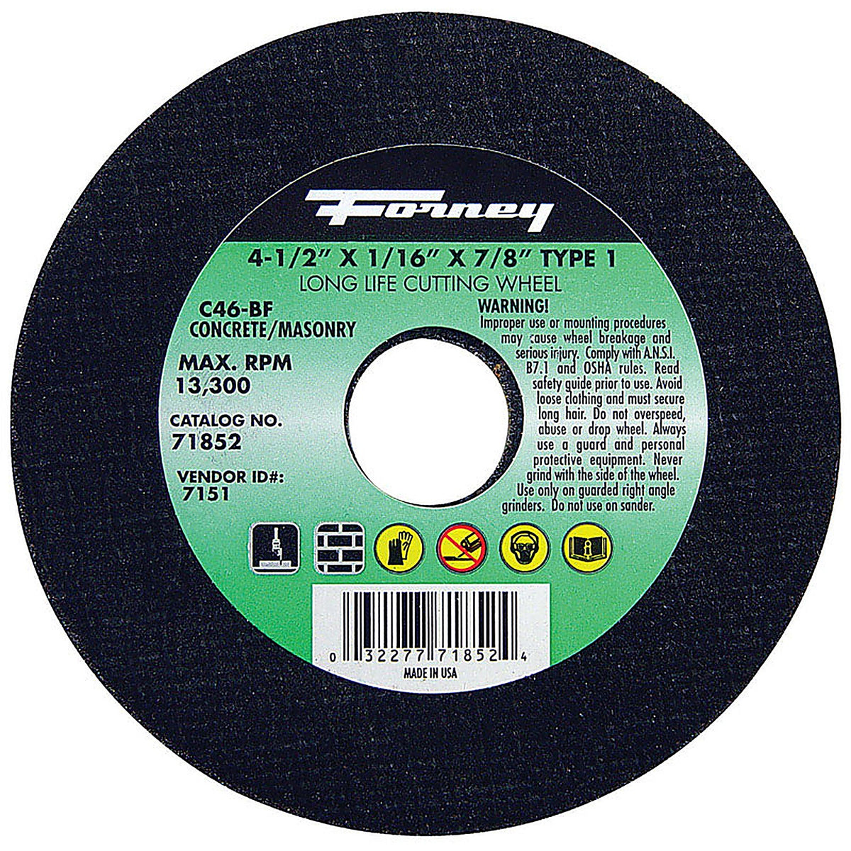 Forney 71852 4-1/2 in. D X 7/8 in. S Silicon Carbide Masonry Cutting Wheel 1 pc